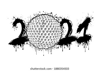 Abstract numbers 2021 and golf ball made of blots in grunge style. 2021 New Year on an isolated background. Design pattern. Vector illustration