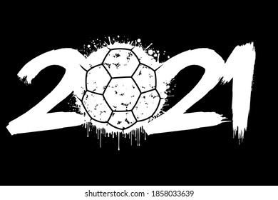 Abstract numbers 2021 and a handball ball from blots. 2021 New Year on an isolated background. Design pattern for greeting card. Grunge style. Vector illustration
