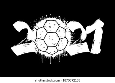 Abstract numbers 2021 and handball ball made of blots in grunge style. 2021 New Year on an isolated background. Design pattern. Vector illustration