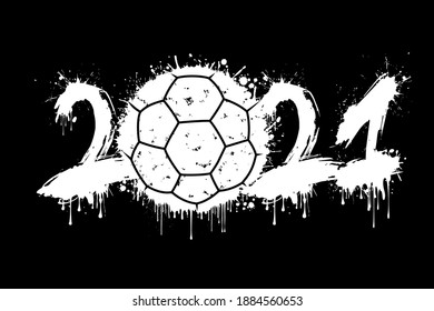 Abstract numbers 2021 and handball ball made of blots in grunge style. 2021 New Year on an isolated background. Design pattern. Vector illustration