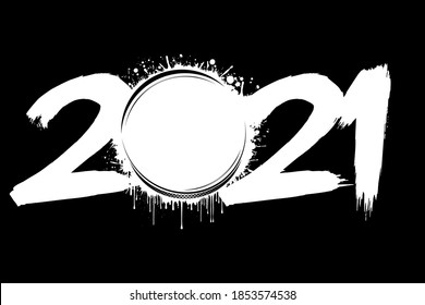 Abstract numbers 2021 and a hockey puck from blots. 2021 New Year on an isolated background. Design pattern for greeting card. Grunge style. Vector illustration