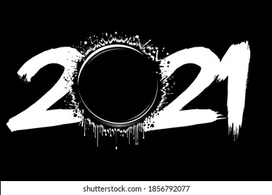Abstract numbers 2021 and a hockey puck from blots. 2021 New Year on an isolated background. Design pattern for greeting card. Grunge style. Vector illustration