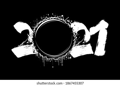 Abstract numbers 2021 and hockey puck made of blots in grunge style. 2021 New Year on an isolated background. Design pattern. Vector illustration
