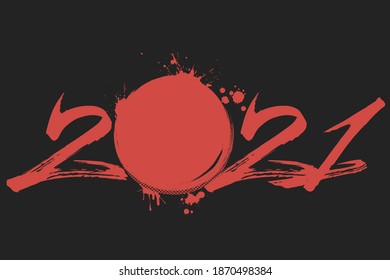 Abstract numbers 2021 and hockey puck made of blots in grunge style. 2021 New Year on an isolated background. Design pattern. Vector illustration