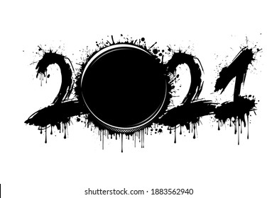 Abstract numbers 2021 and hockey puck made of blots in grunge style. 2021 New Year on an isolated background. Design pattern. Vector illustration