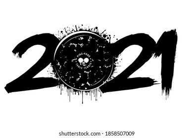 Abstract numbers 2021 and a ping-pong ball from blots. 2021 New Year on an isolated background. Design pattern for greeting card. Grunge style. Vector illustration