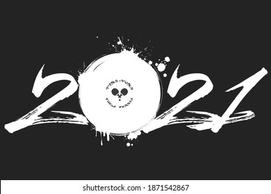 Abstract numbers 2021 and ping-pong ball made of blots in grunge style. 2021 New Year on an isolated background. Design pattern. Vector illustration