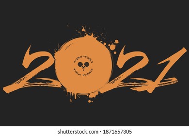 Abstract numbers 2021 and ping-pong ball made of blots in grunge style. 2021 New Year on an isolated background. Design pattern. Vector illustration