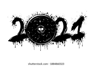 Abstract numbers 2021 and ping-pong ball made of blots in grunge style. 2021 New Year on an isolated background. Design pattern. Vector illustration