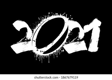 Abstract numbers 2021 and rugby ball made of blots in grunge style. 2021 New Year on an isolated background. Design pattern. Vector illustration