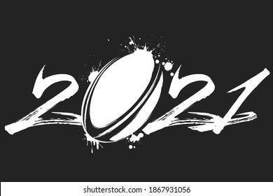 Abstract numbers 2021 and rugby ball made of blots in grunge style. 2021 New Year on an isolated background. Design pattern. Vector illustration