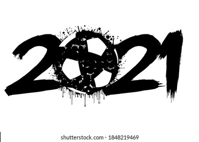 Abstract numbers 2021 and a soccer ball from blots. 2021 New Year on an isolated background. Design pattern for greeting card. Grunge style. Vector illustration