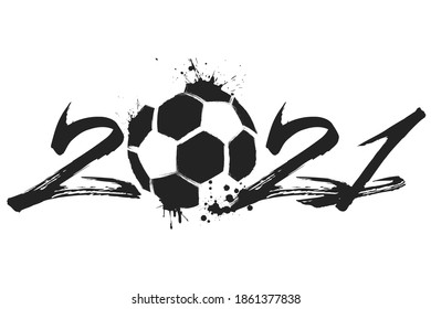 Abstract numbers 2021 and soccer ball made of blots in grunge style. 2021 New Year on an isolated background. Design pattern. Vector illustration