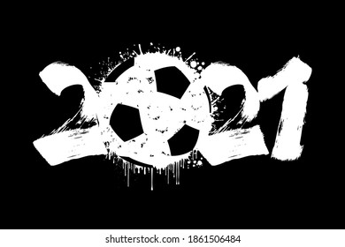 Abstract numbers 2021 and soccer ball made of blots in grunge style. 2021 New Year on an isolated background. Design pattern. Vector illustration