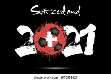 Abstract numbers 2021 and soccer ball painted in the colors of the Switzerland flag in grunge style. 2021 and flag of Switzerland in the form of a soccer ball made of blots. Vector illustration