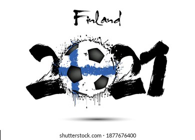 Abstract numbers 2021 and soccer ball painted in the colors of the Finland flag in grunge style. Figures 2021 and flag of Finland in the form of a soccer ball made of blots. Vector illustration