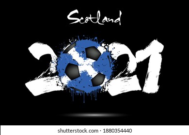 Abstract numbers 2021 and soccer ball painted in the colors of the Scotland flag in grunge style. Figures 2021 and flag of Scotland in the form of a soccer ball made of blots. Vector illustration