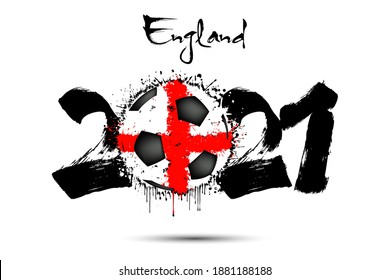 Abstract numbers 2021 and soccer ball painted in the colors of the England flag in grunge style. Figures 2020 and flag of England in the form of a soccer ball made of blots. Vector illustration