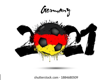 Abstract numbers 2021 and soccer ball painted in the colors of the Germany flag in grunge style. Figures 2021 and flag of Germany in the form of a soccer ball made of blots. Vector illustration