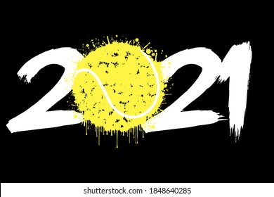 Abstract numbers 2021 and a tennis ball from blots. 2021 New Year on an isolated background. Design pattern for greeting card. Grunge style. Vector illustration