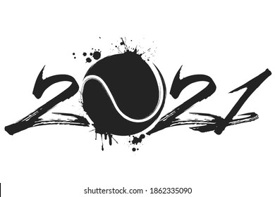 Abstract numbers 2021 and tennis ball made of blots in grunge style. 2021 New Year on an isolated background. Design pattern. Vector illustration