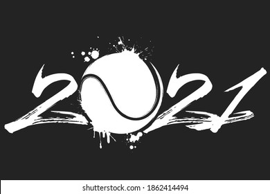 Abstract numbers 2021 and tennis ball made of blots in grunge style. 2021 New Year on an isolated background. Design pattern. Vector illustration