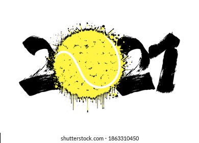 Abstract numbers 2021 and tennis ball made of blots in grunge style. 2021 New Year on an isolated background. Design pattern. Vector illustration