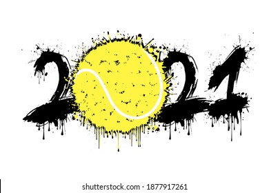 Abstract numbers 2021 and tennis ball made of blots in grunge style. 2021 New Year on an isolated background. Design pattern. Vector illustration