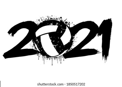 Abstract numbers 2021 and a volleyball ball from blots. 2021 New Year on an isolated background. Design pattern for greeting card. Grunge style. Vector illustration
