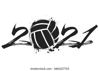 Abstract numbers 2021 and volleyball ball made of blots in grunge style. 2021 New Year on an isolated background. Design pattern. Vector illustration