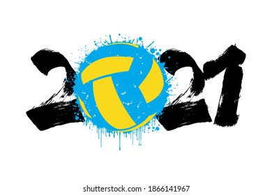 Abstract numbers 2021 and volleyball ball made of blots in grunge style. 2021 New Year on an isolated background. Design pattern. Vector illustration