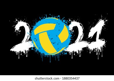 Abstract numbers 2021 and volleyball ball made of blots in grunge style. 2021 New Year on an isolated background. Design pattern. Vector illustration