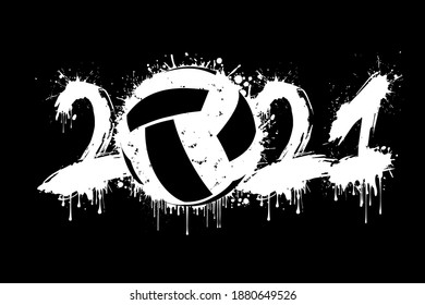 Abstract numbers 2021 and volleyball ball made of blots in grunge style. 2021 New Year on an isolated background. Design pattern. Vector illustration