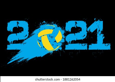 Abstract numbers 2021 and volleyball ball made of blots in grunge style. 2021 New Year on an isolated background. Design pattern. Vector illustration