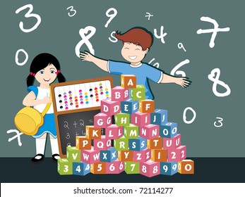 abstract numbers background with alphabet cubes, little students