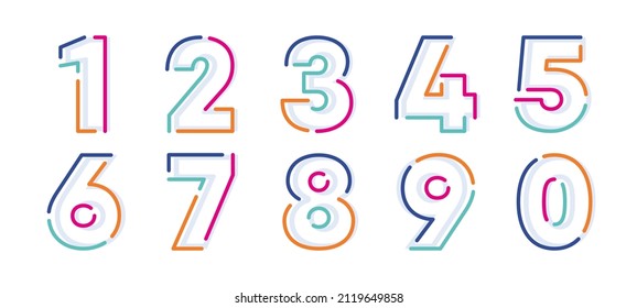 Abstract Numbers, Colorful Linear Set. Modern Numeric Lines With New Pop Art Colors. Font Number Template. Set Thin Line Clean Style To Design.