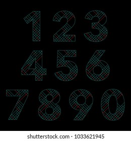 Abstract numbers. Lighting red and blue lines structure on black backgrtound. Vector illustration, icon logo. One, two, three, four, five, six, seven, eight, ten, null or zero symbol.