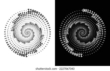 Abstract numbers one and zero in a spiral over a black and white backgrounds. Big data concept, logo icon or tattoo. The numbers 1 and 0 alternate randomly.