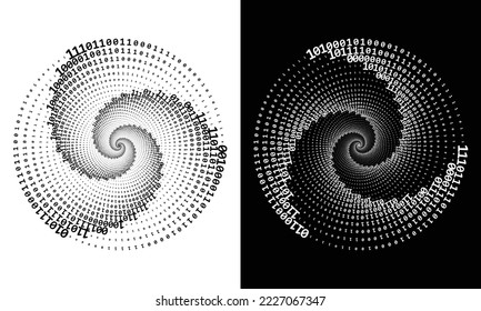 Resumen de los números uno y cero en una espiral sobre un fondo blanco y negro. Concepto de datos grandes, icono de logotipo o tatuaje. Los números 1 y 0 alternan al azar.