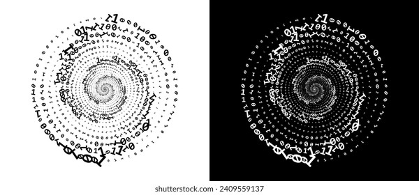 Abstract numbers one and zero in a  spiral. Big data or chaos concept, logo icon or tattoo. Black shape on a white background and the same white shape on the black side.