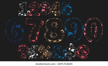 Números e símbolos abstratos com design texturizado no fundo escuro