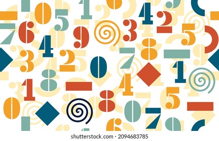 Abstract numeric and simple geo background. Ocean blue,yellow, and red elements on white background. Minimalist wallpaper. Vector illustration,for table clothing kindergarten decoration.