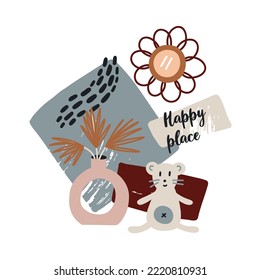 Resumen de vivero interior decoración de afiche jarrón recién nacido espejo de juguete. Ilustración del Boho escandinavo de Baby Shower Nursery. Dejando un lugar feliz. Vector bohemio plano sobre fondo neutro