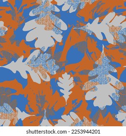 Abstraktes Eichenblatt zeitgenössisches, nahtloses Muster mit handgezeichneten Formen, Flecken, Punkten und Linien mit Texturen. Lebhafter Boho-Druck. Moderne Collage, Vektorgrafik