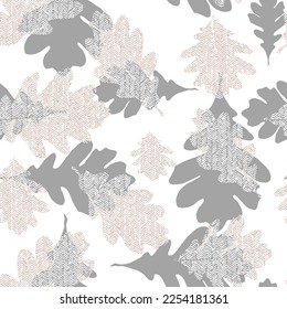 Resumen de la hoja de roble de diseño contemporáneo sin fisuras con formas dibujadas a mano, puntos, puntos y líneas con texturas. impresión de boho. Ilustración vectorial de collage moderna texturas tonales de lino gris rosa 