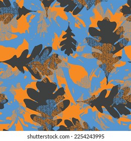 Abstract oak leaf contemporary seamless pattern with hand drawn shapes, spots, dots and lines with textures. Vibrant boho print. Modern collage vector illustration