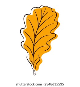 Abstract oak leaf in line art, flat style. Minimalistic art in yellow color. Design element for icon, posters, stickers and invitations. Vector illustration isolated on a white background.