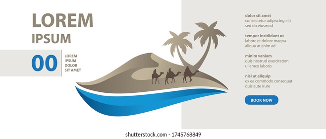 Abstract oasis with camel riders, vector web banner template