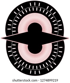 Abstract object formed by black arcs with rectangular, white marks and inside rectangular arches, red rays divided into small parts.
