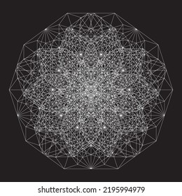 Abstract object intersecting gold lines isolated on black background. Wireframe 3D volume projection. Complex geometry aspect. Op art.